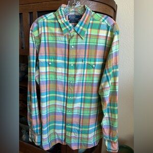 Polo Ralph Lauren western button up shirt, plaid w/pearl snap buttons size large